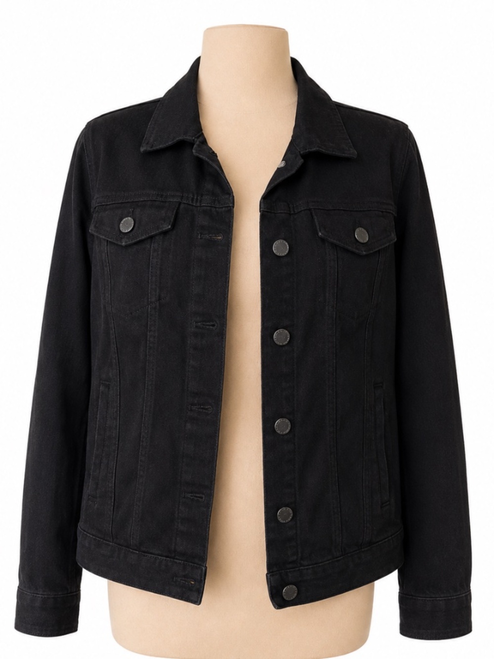 BELLE BY KIM GRAVEL Black Twill Denim Trucker Jacket Knit Back & Sleeves M EUC - Picture 6 of 11